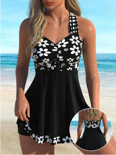 Lily – Schwarzes Damen-Tankini mit floralem Muster und voll bedeckenden Boyshorts