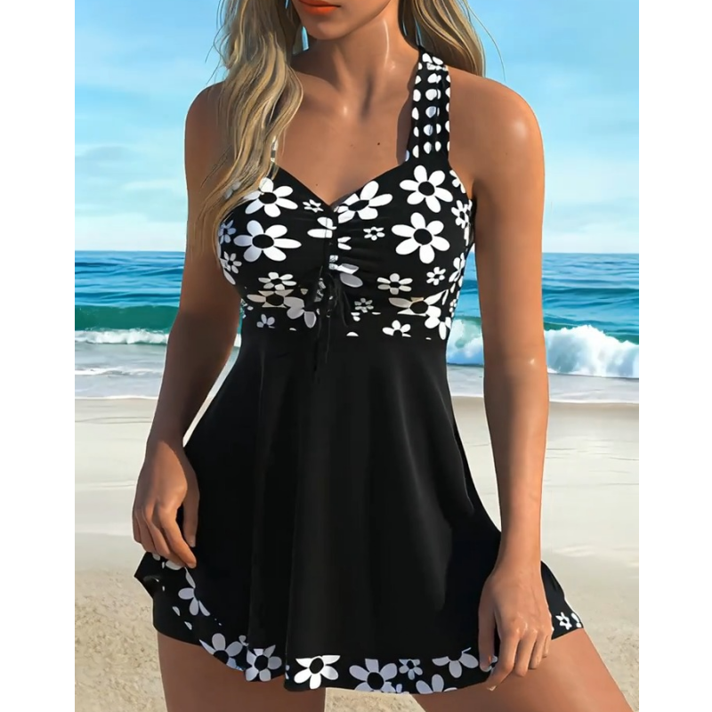 Lily – Schwarzes Damen-Tankini mit floralem Muster und voll bedeckenden Boyshorts