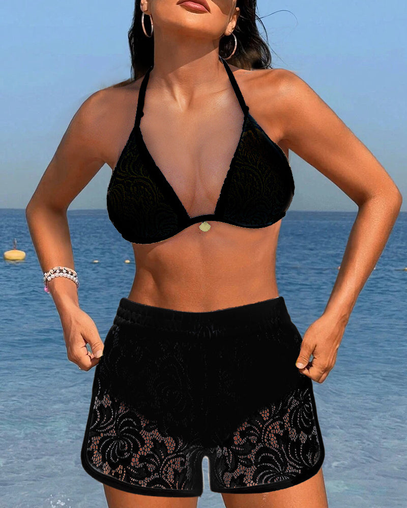Elegantes einfarbiges Spitzen-Bikiniset