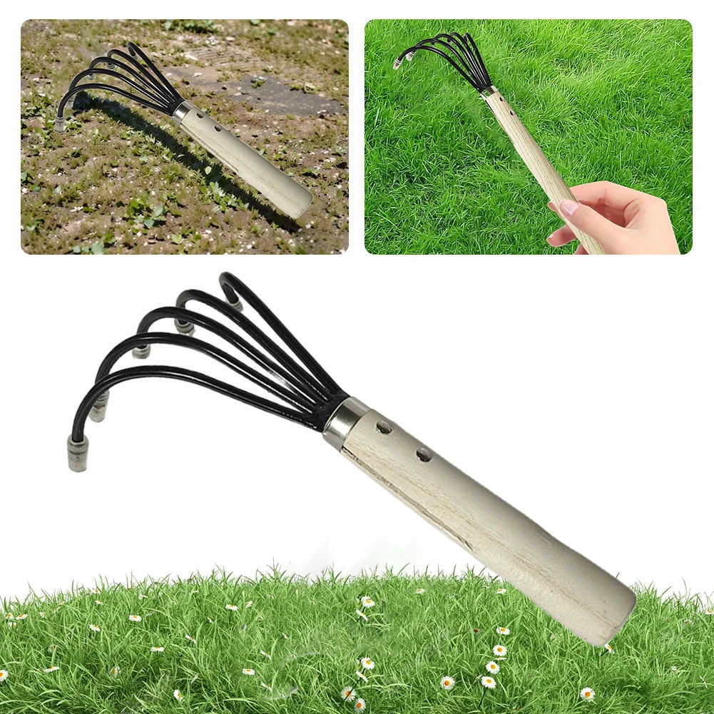 Grünvaro 5-Zinken Handrechen | Mini Hacke & Gartenkultivator | Klinge aus Kohlenstoffstahl | Holzgriff | 38 × 21 × 8,5 cm