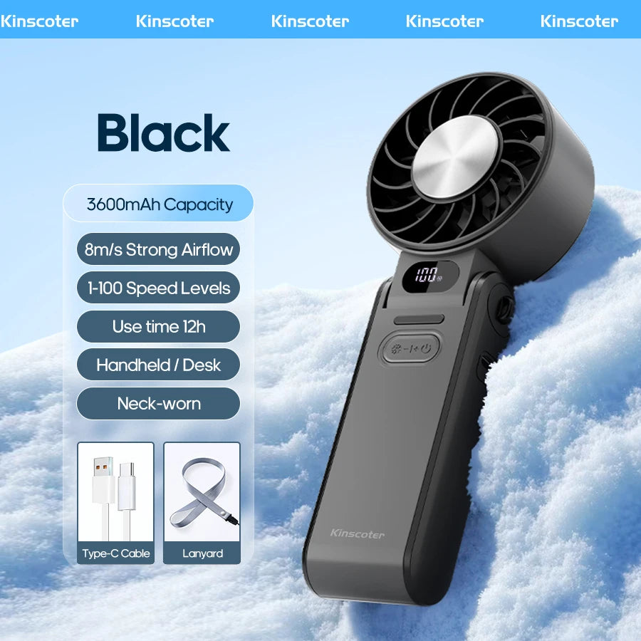 Glaciaro Mini Ventilator | Turbo 100 Geschwindigkeit | 3600 mAh Batteriekapazität | Faltbar & Eisgekühlt