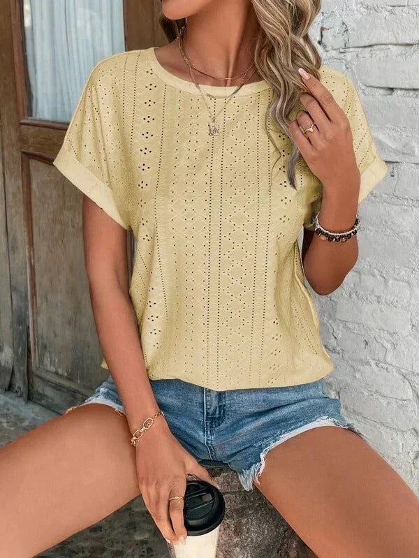 Broderie Kurzarm-Top Damen Strukturierte Optik mit umgeschlagenen Ärmeln