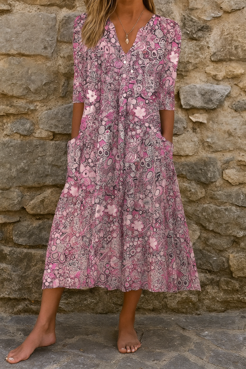 Eliskaa – Elegantes Blumen Kleid Mit V-Ausschnitt