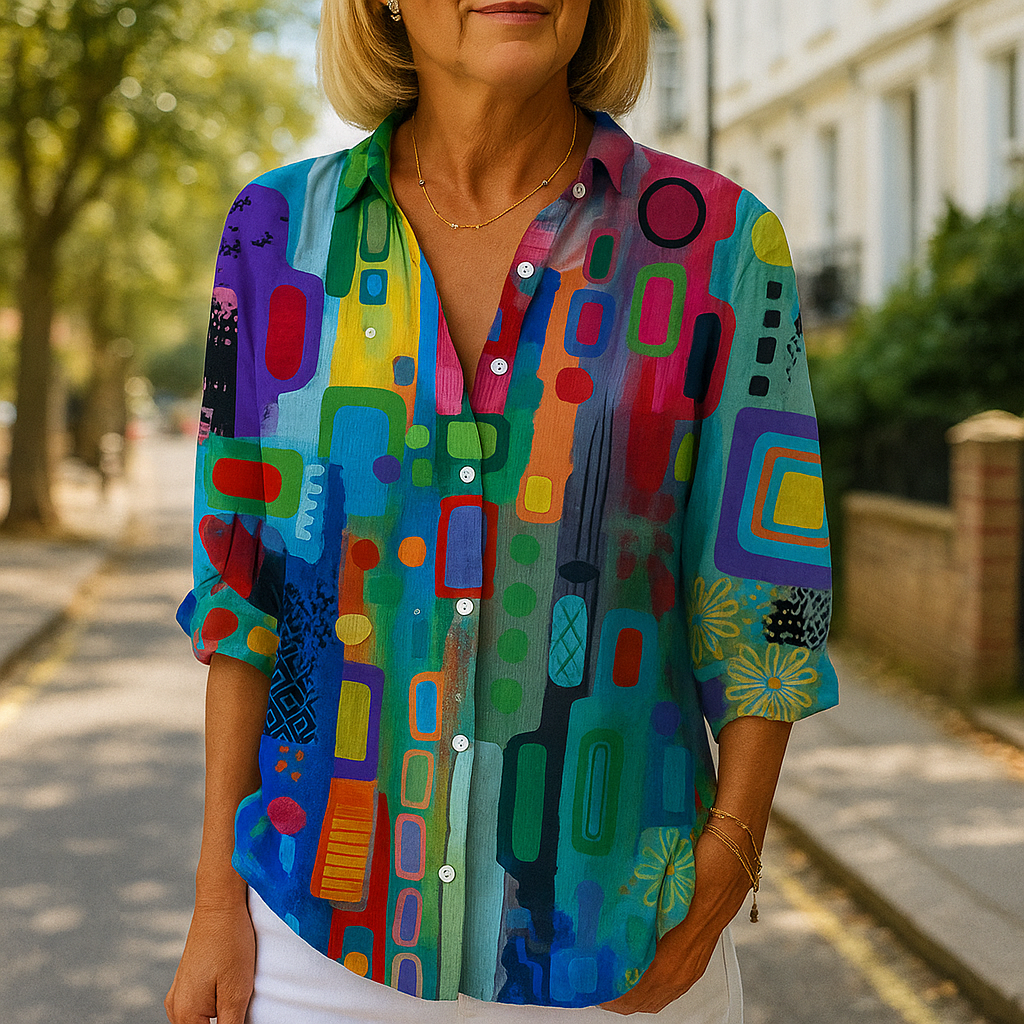 Abstrakte Bluse für Damen – Knopfleiste mit hochgekrempelten Ärmeln