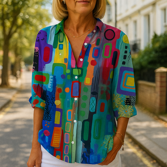 Abstrakte Bluse für Damen – Knopfleiste mit hochgekrempelten Ärmeln