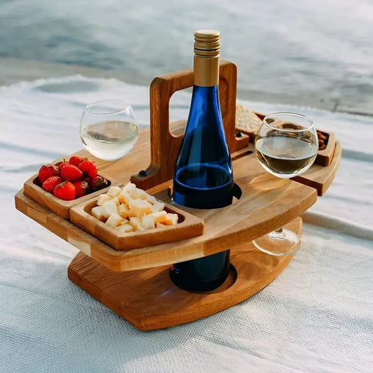 Klappbarer Holz-Picknicktisch | Mit Flaschen und Glashalter | Snackfach |PicknickWerk