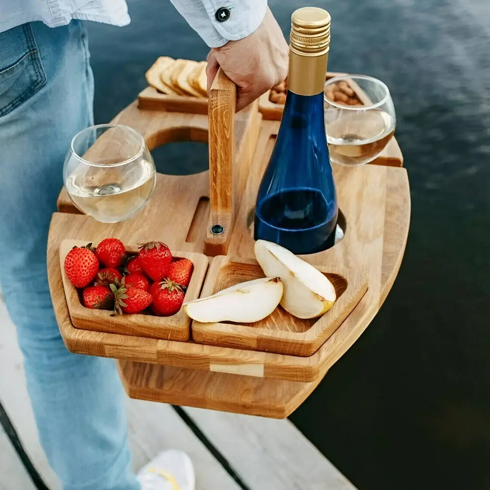Klappbarer Holz-Picknicktisch | Mit Flaschen und Glashalter | Snackfach |PicknickWerk