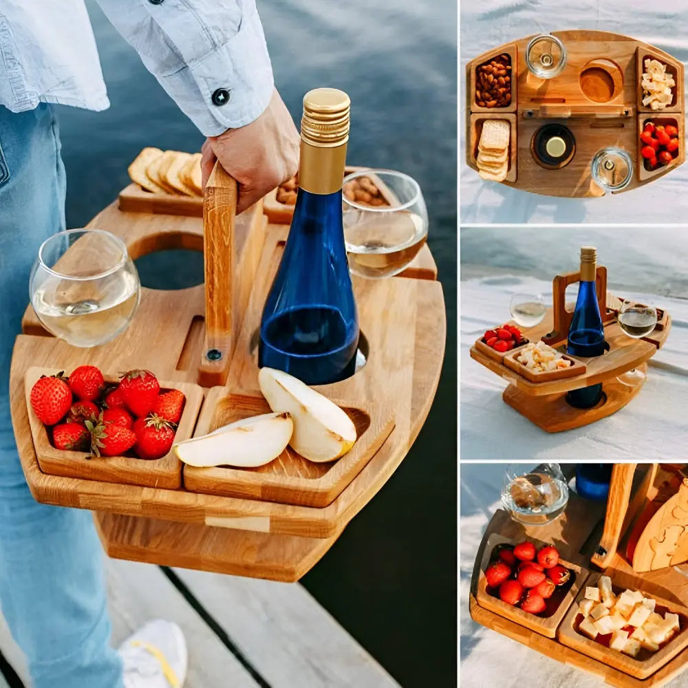 Klappbarer Holz-Picknicktisch | Mit Flaschen und Glashalter | Snackfach |PicknickWerk