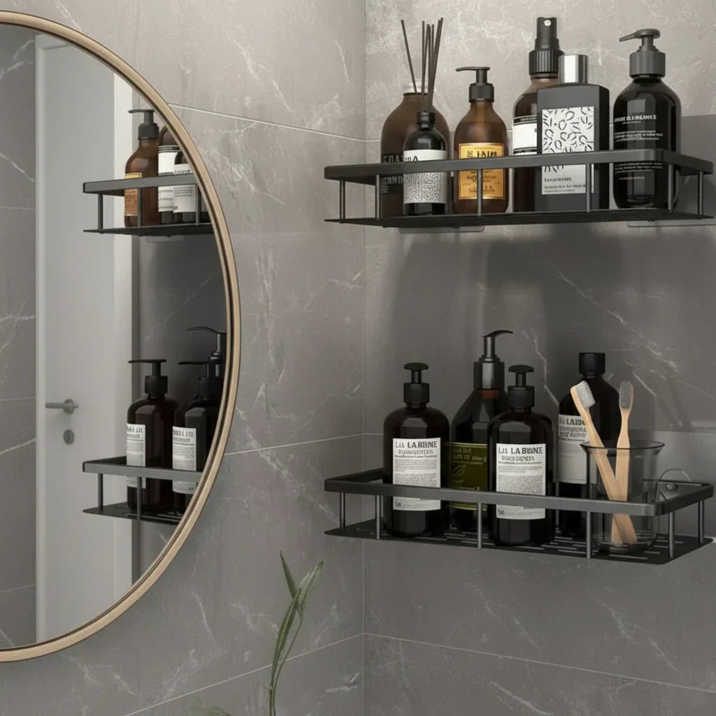 Kleberegal Bad | Bohrfrei  & Edelstahl | Selbstklebend | Mountra