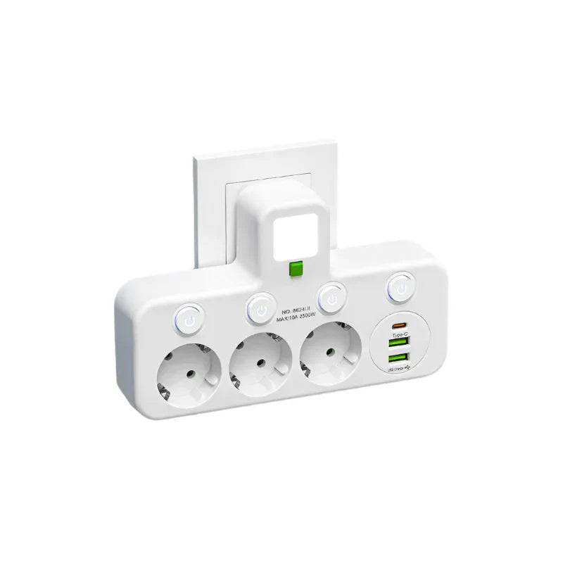 Mehrfachsteckdose VOLTRIQ ProLine | 3–4 Steckplätze + 2× USB & 1× Typ-C | 2500 W | Überspannungsschutz & Kontrollschalter