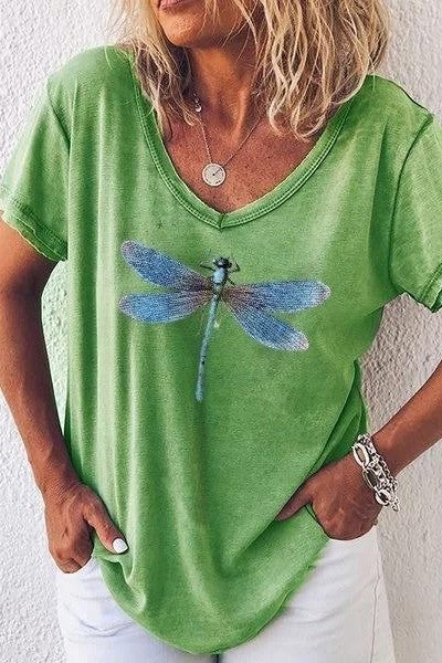 T-Shirt mit V-Ausschnitt Damen Lockere Passform mit Frontprint