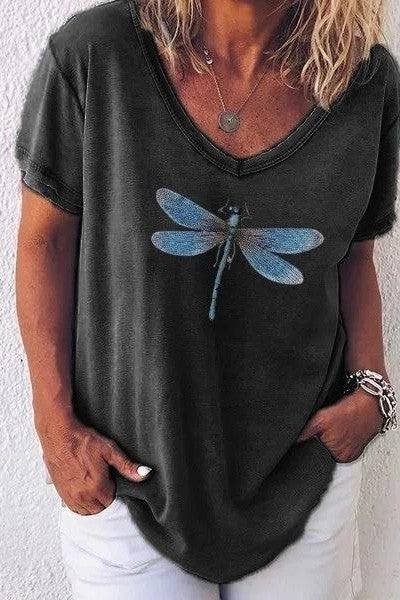 T-Shirt mit V-Ausschnitt Damen Lockere Passform mit Frontprint