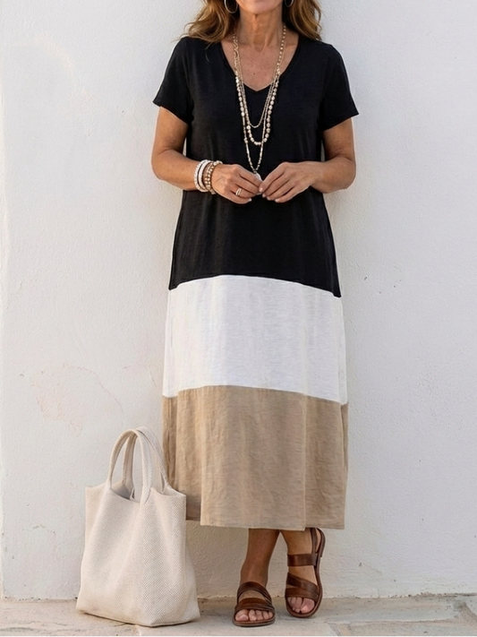 Thalia - Kurzärmliges Farbblock Maxikleid