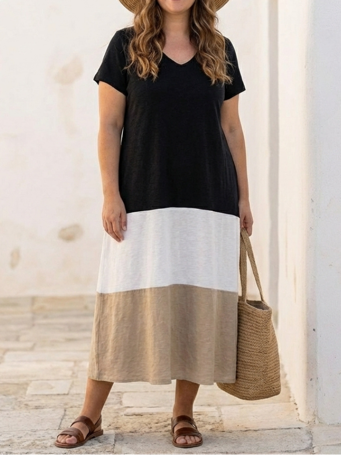 Thalia - Kurzärmliges Farbblock Maxikleid