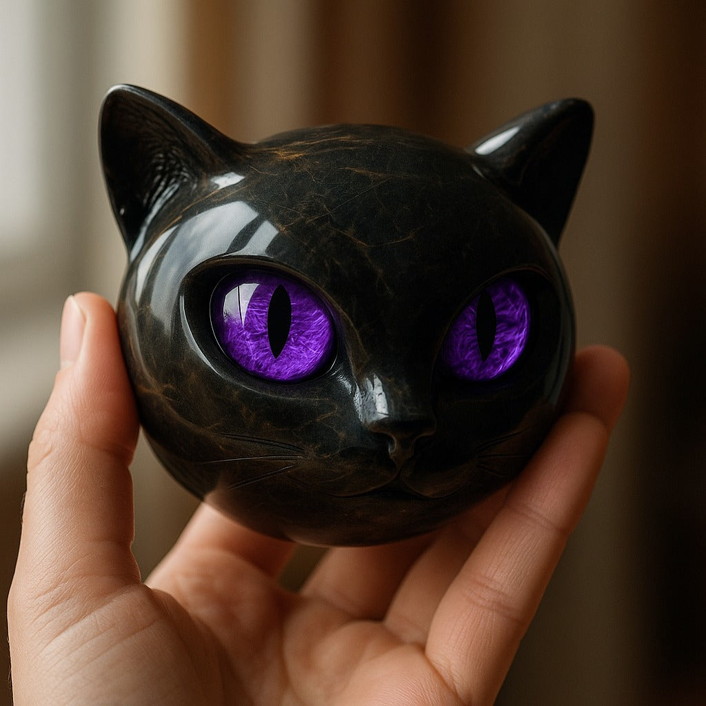 NyxCharm - Mystische Schwarze Katzenkopf Skulptur