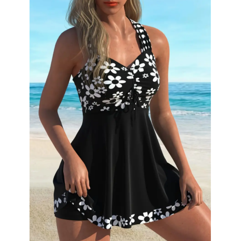Lily – Schwarzes Damen-Tankini mit floralem Muster und voll bedeckenden Boyshorts