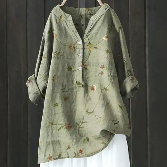 Damen Bluse mit Knöpfen – Leinenoptik mit V-Schlitz-Ausschnitt