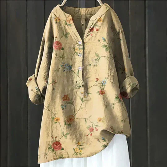Damen Bluse mit Knöpfen – Leinenoptik mit V-Schlitz-Ausschnitt