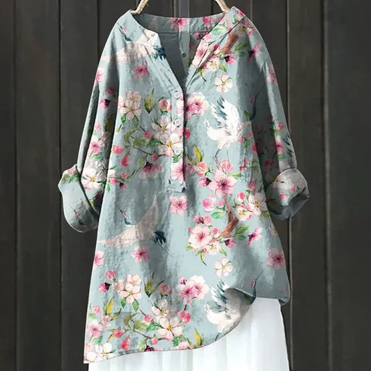 Damen Bluse mit Knöpfen – Leinenoptik mit V-Schlitz-Ausschnitt