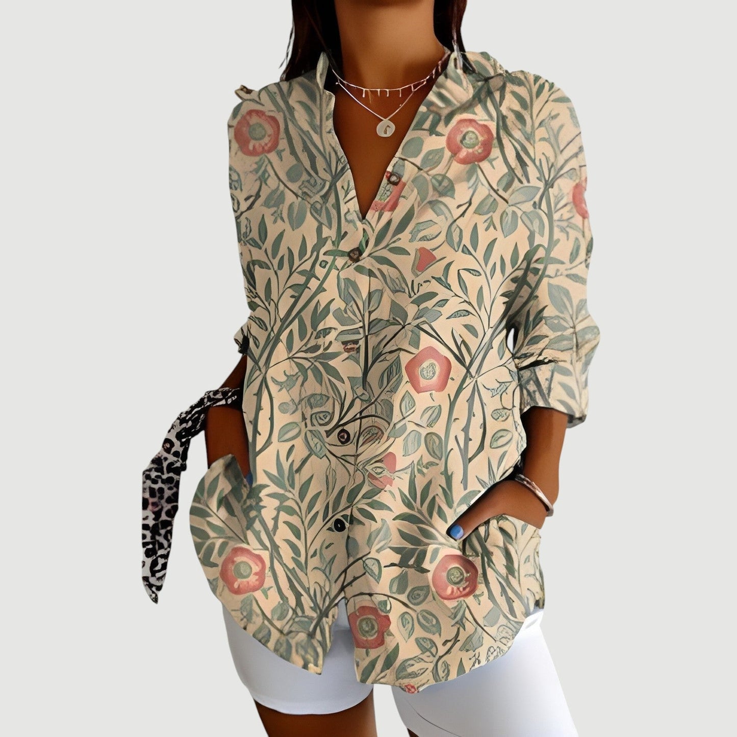 Bluse mit Blumenmuster und Knopfleiste für Damen – Mischgewebe mit ozeanischem Allover-Muster